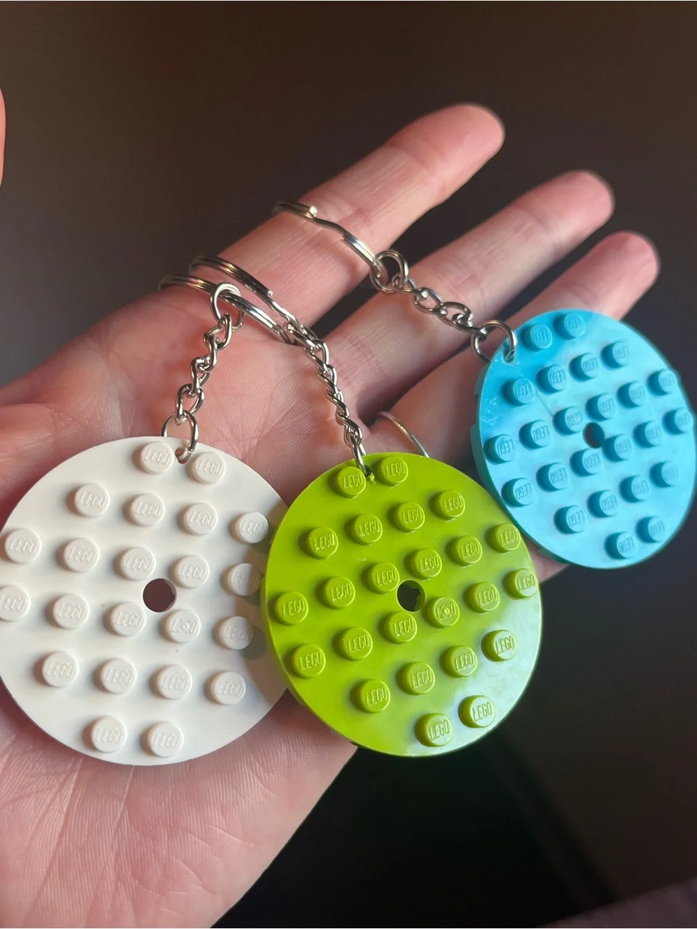 Lego Blue, Lime Green & White Round Stud Keychain Set